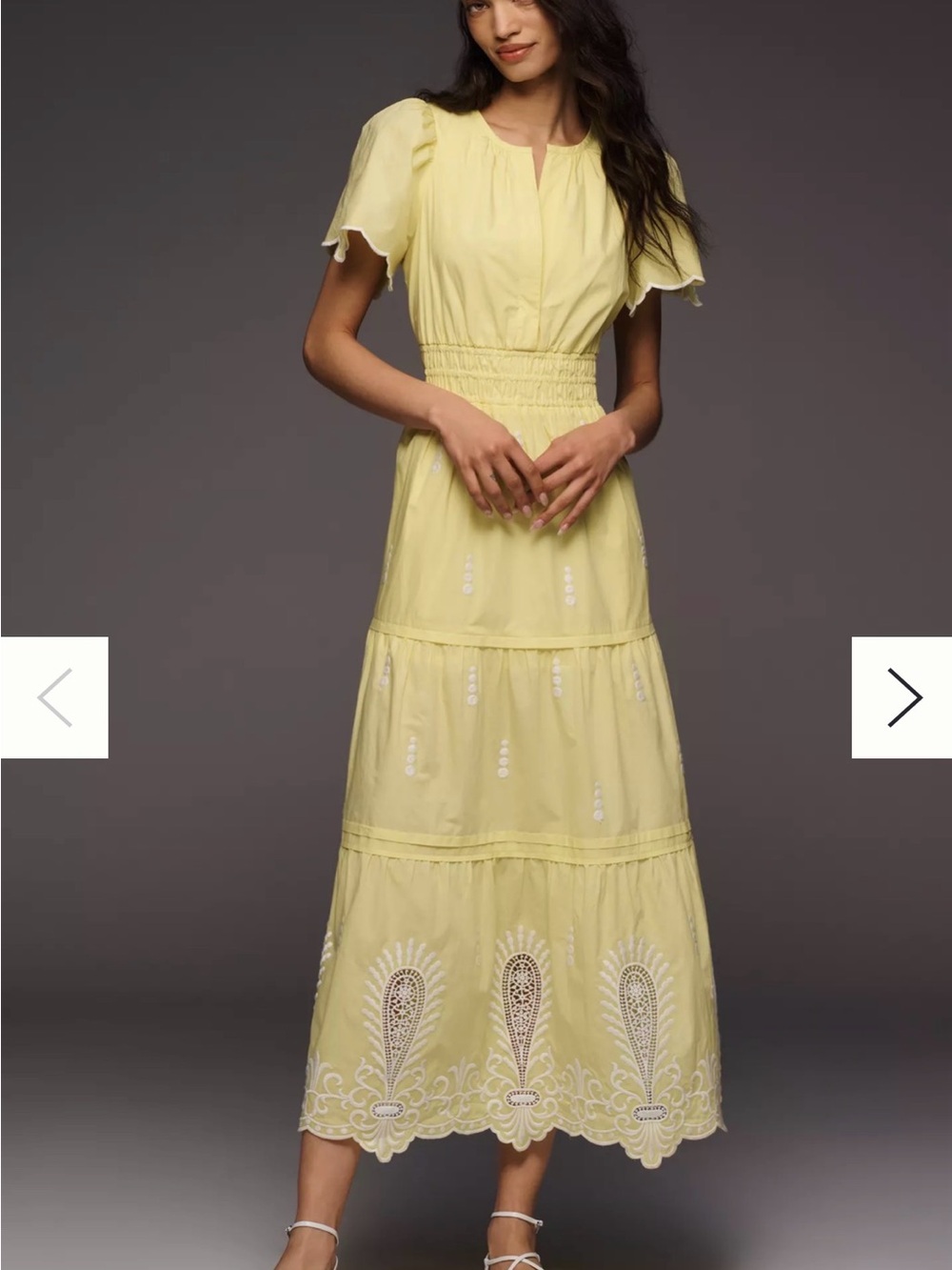 Anthropologie Pale Yellow Embroidered Tiered Maxi Dress